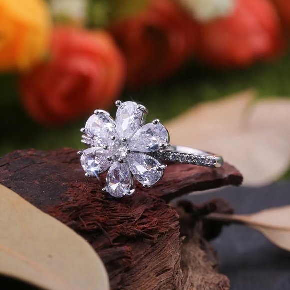 🎁925 Silver Plated White CZ Pear-shaped Flower Ring, GPMB1446-8 - Picture 9 of 10